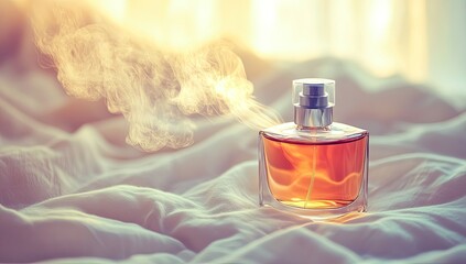 Perfume atomizing on rumpled sheets, sunlit