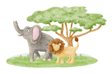 African elephant and lion near savannah acacia tree on green grass lawn watercolor illustration isolated on white. Kenya landscape animals clip art for kids safari designs in childish drawing style