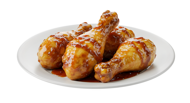 Brown, glazed chicken drums shine under studio lighting. Plate surface shows food photography for menu, social media.