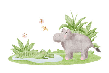 Watercolor hippo and crocodile in lake and jungle palm trees drawing in child style illustration isolated on white. African safari cute animal with butterflies. Pastel children hand drawn character