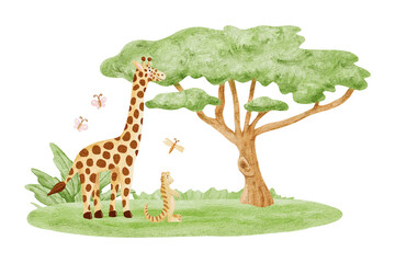 Hand drawn giraffe and meerkat with acacia trees watercolor illustration isolated on white. African savannah animals with butterflies clip art in childish style for nursery design. Safari kids drawing
