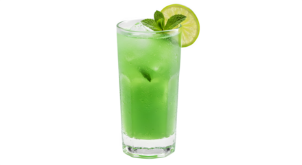 Green drink is frosty, features lime and mint, perfect for product photography or social media designs.