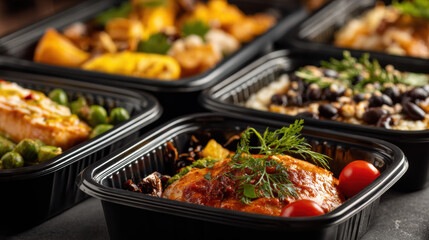 Assorted Healthy Meal Prep in Black Containers – Closeup of Fresh Cooked Dishes