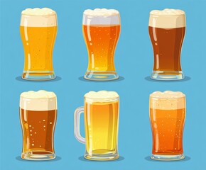 Six refreshing glasses of beer with varying styles, showcasing different colors and foam