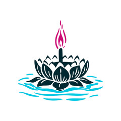 Loy Krathong Lotus Flower Illustration Loy Krathong Festival of Lights Golden lotus-shaped krathong float with a flickering candle flame at its center