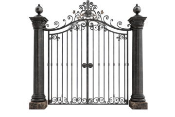 Ornate wrought iron gate with decorative pillars isolated on transparent background. Classic antique gate with pillars isolated on white background.