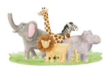 Cute watercolor safari animals illustration isolated on white. Giraffe, lion, zebra, hippo and elephant in simple style. Kids drawing african savannah wild animal. Jungle clip art