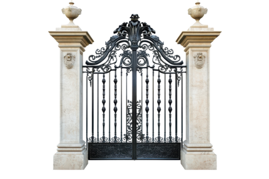 Ornate wrought iron gate with stone pillars isolated on transparent background. Classic antique gate with pillars isolated on white background.