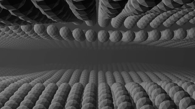 black ico spheres cover a vibrant landscape in a captivating visual display