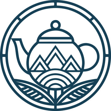 Teapot with Mountain and Leaf Line Art Logo Design Vector