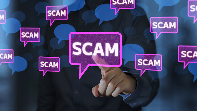 Social media scam or fraudulent advertisements. Man tapping on a malicious link in a post.