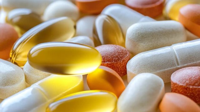 A close-up view of various pills and capsules on a surface, useful for illustrations related to medicine or pharmaceuticals
