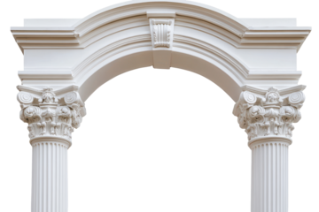 Ornate marble archway with corinthian columns isolated on transparent background. Classic column arch isolated on white background.