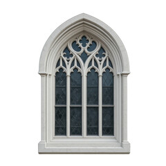 Obraz premium A gothic-style arched window with ornate stone tracery, rendered in clean white stone against a pure white background. The intricate architectural details are highlighted.