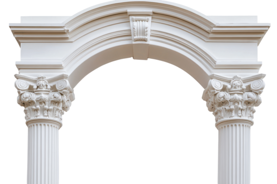 Ornate marble archway with corinthian columns isolated on transparent background. Classic column arch isolated on white background.
