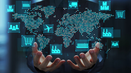 Supply chain management. Logistics and inventory tracking systems. Businessperson holding world map and distribution icons.