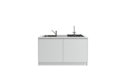 A small, compact kitchen counter unit perfect for an apartment, featuring a built-in two-burner stovetop and a compact sink, all in a smooth, matte white finish. It rests on a pristine white backgroun