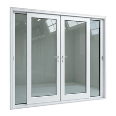 Fototapeta premium A large sliding glass door unit with two panels (one open), featuring contemporary white vinyl frames. The entire assembly is presented clearly on a clean white background, emphasizing its functionali