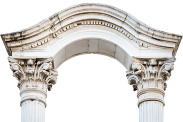 Ornate classical architectural archway with corinthian columns isolated on transparent background. Classic column arch isolated on white background.