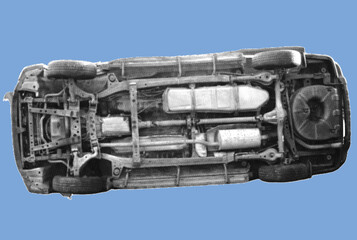 close up of overturned car pixelate grayscale color halftone dotted texture style collage element isolated on blue background