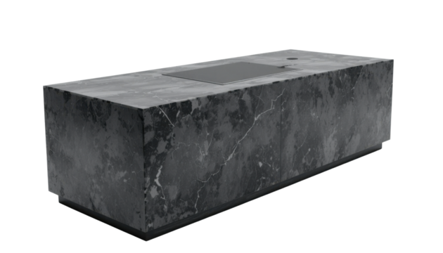 A modern kitchen island counter featuring a built-in induction cooktop, made from a dark, polished concrete. The island stands alone on a seamless white background, highlighting its robust form.