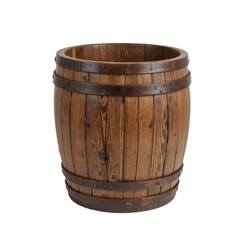 Fototapeta premium A rustic, wooden barrel-style trash can, made from reclaimed wood, placed on a pristine white studio background. The texture of the wood grain should be prominent.
