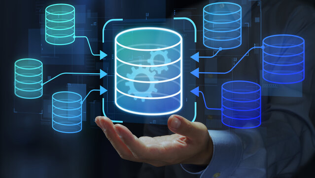 Data integration and ETL process. Data pipeline and data warehouse. Engineer holding database icons.