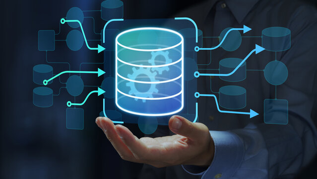 Database and datastore. Data migration and transformation. Engineer holding database icons in data flow diagram.