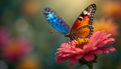 Obraz premium Monarch butterfly gracefully perches on a vibrant pink zinnia flower