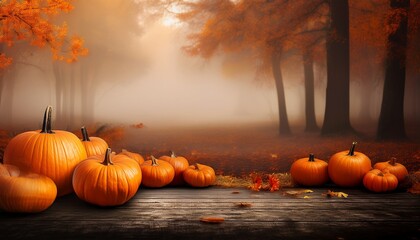 Pumpkin Autumn Scene With Orange Festive Decor And Mystical Fog For Halloween Holiday Mood