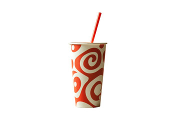 Tall paper cup with red and white swirl pattern and red straw isolated on transparent background.