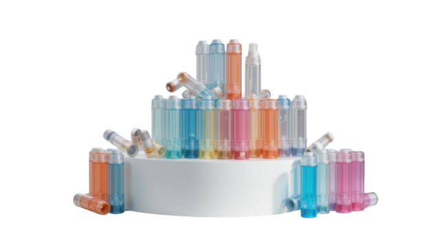 A vibrant scene of empty, transparent plastic inhaler cartridges, stacked and arranged in a pyramid on a bright white display plinth, white background.