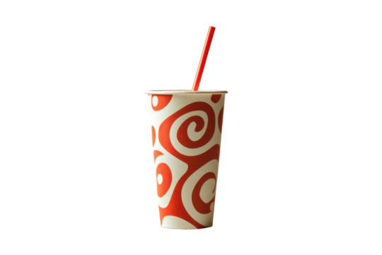 Tall paper cup with red and white swirl pattern and red straw isolated on transparent background.