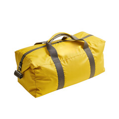 Naklejka premium An ultra-lightweight, soft-sided duffel bag in a cheerful yellow, casually tossed onto a pure white surface. The fabric folds and slight texture should be clearly visible.