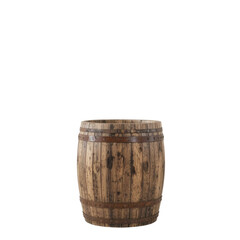 Obraz premium A rustic, wooden barrel-style trash can, made from reclaimed wood, placed on a pristine white studio background. The texture of the wood grain should be prominent.