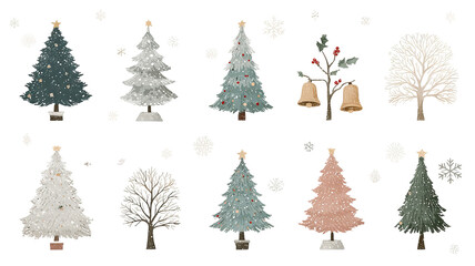 Fototapeta premium Minimalist christmas icons set pastel trees bells snowflakes isolated modern flat vector symbols soft color palette clipart for cards invitations web headers app ui stickers and holiday decor 