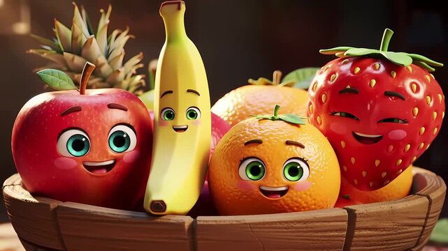 Adorable animated fruits with happy faces in a rustic basket.