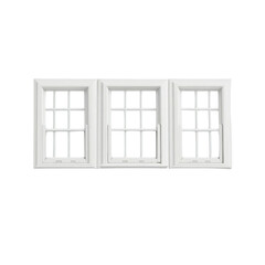Obraz premium A series of three small, square sash windows arranged horizontally, each with clean white frames, all aligned on a seamless white background.