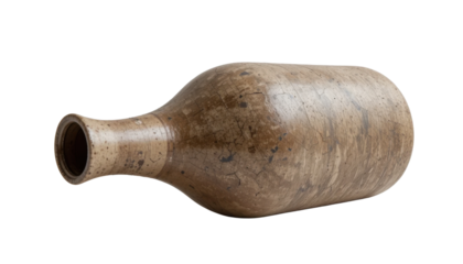 An empty ceramic bottle with an earthy texture, unglazed and unbranded, photographed against a minimalist white background.