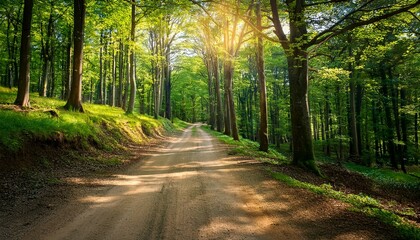 Ground Road In A Forest Beautiful Nature And Many Green Trees