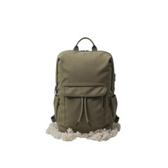 Naklejka premium A minimalist carry-on backpack, made of durable canvas in a muted olive green, placed centrally on an isolated white background. The image should be clean and product-focused.