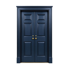 Fototapeta premium A classic wooden front door with a four-panel design and a brass doorknob, painted in a rich navy blue. The door stands closed and centered on a seamless white background, highlighting its traditional