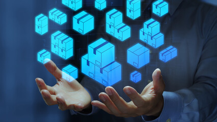 Inventory management. Stock control system with visibility. Business person holding inventory icons.