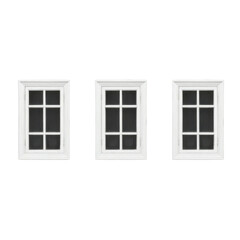 A series of three small, square sash windows arranged horizontally, each with clean white frames, all aligned on a seamless white background.