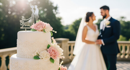 Wedding cake with bride and groom figurine under bright sunlight, ready for wedding reception. Wedding reception includes elegantly decorated cake and loving couple, full of sweet emotions.