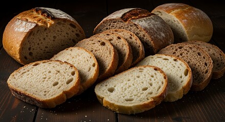 Assortment of fresh artisan bread loaves and slices against a dark background