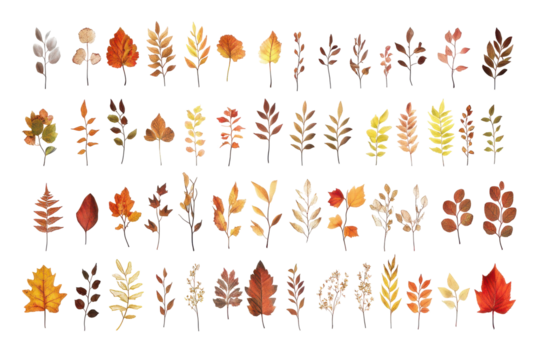 Collection of autumn leaves in various colors and shapes isolated on transparent background. Collection of autumn leaves isolated on white background.