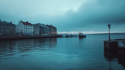 Obraz premium Coastal town at twilight, muted colors