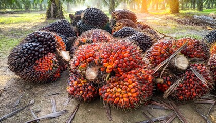 Oil Palm Fruits Cut From The Plantation Waiting To Be Shipped For Sale