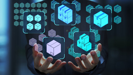 Inventory management. Stock control and analysis system. Business person holding cardboard box icons.